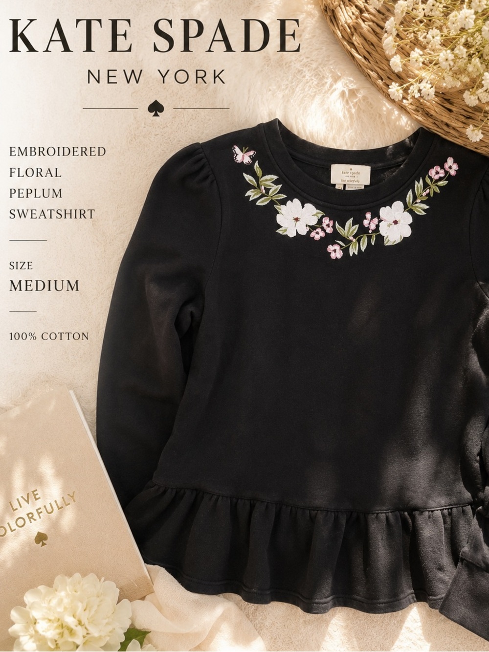 Kate Spade Embroidered Peplum Sweatshirt Floral Puff Sleeve Top Medium